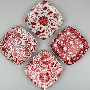 Williams Sonoma Marlo Thomas Floral Appetizer Plates SET OF 4 Toile Red White